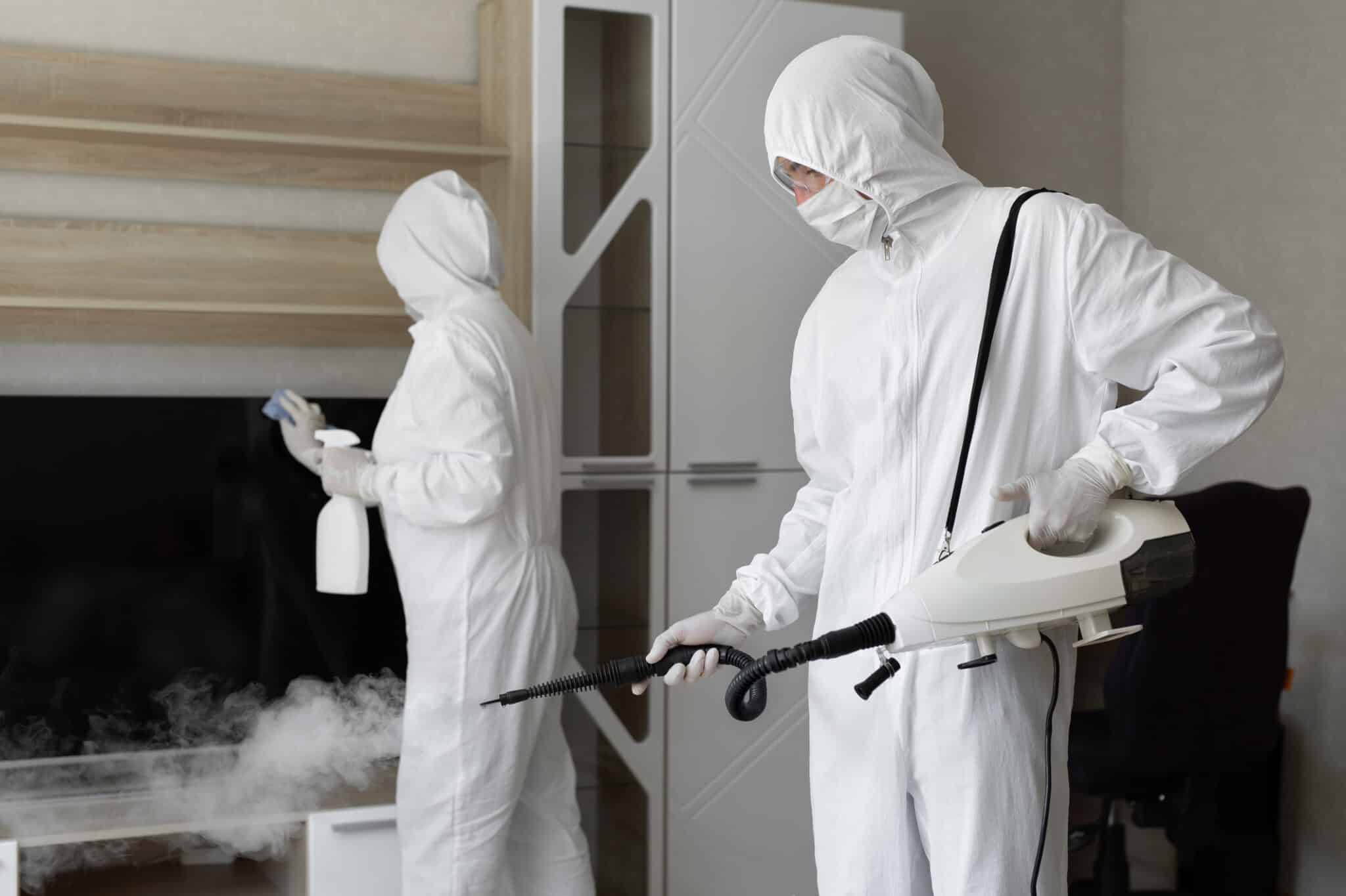 People in hazmats making disinfection in home, hot steam disinfection.